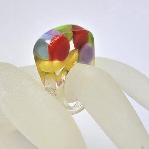 Lucite Resin Ring Multicolor Beads Clear See Through Rectangular Ring